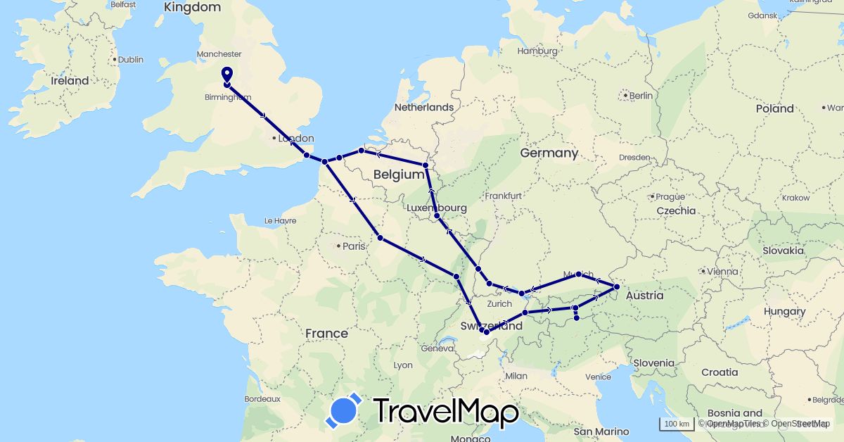 TravelMap itinerary: driving in Austria, Belgium, Switzerland, Germany, France, United Kingdom, Italy, Liechtenstein, Luxembourg, Netherlands (Europe)